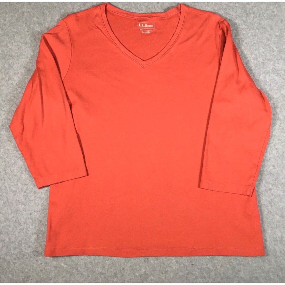 LL Bean 100% Cotton Womens Large Solid Orange Tunic Top V Neck 3/4  Sleeves